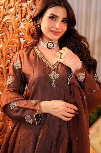 Brown cp vichitra embroidered kurta set with dupatta