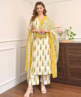 Yellow printed cotton kurta pant set with cotton dupatta 1