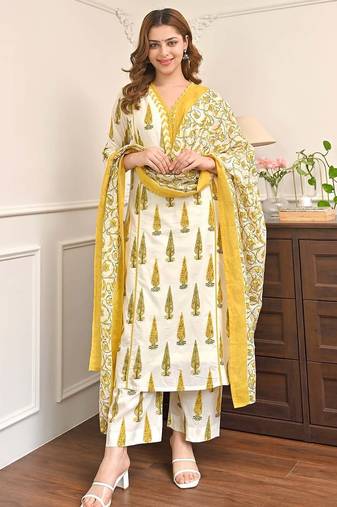 Yellow printed cotton kurta pant set with cotton dupatta