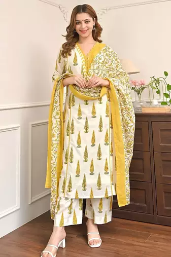 Yellow printed cotton kurta pant set with cotton dupatta