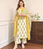 Yellow printed cotton kurta pant set with cotton dupatta