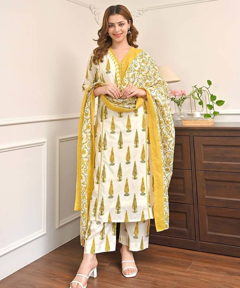 Yellow printed cotton kurta pant set with cotton dupatta