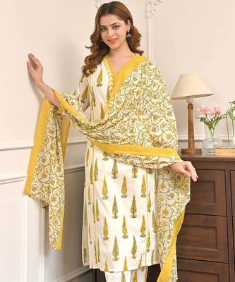Yellow printed cotton kurta pant set with cotton dupatta 2