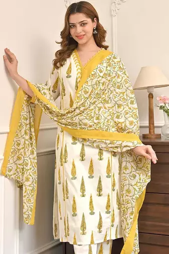 Yellow printed cotton kurta pant set with cotton dupatta