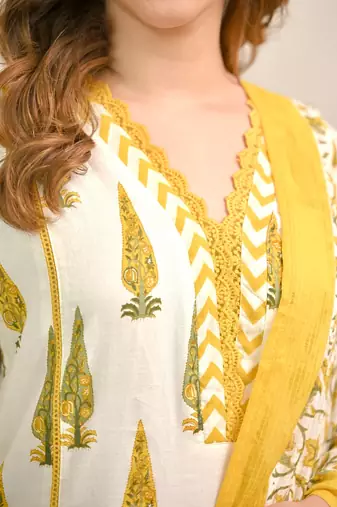 Yellow printed cotton kurta pant set with cotton dupatta