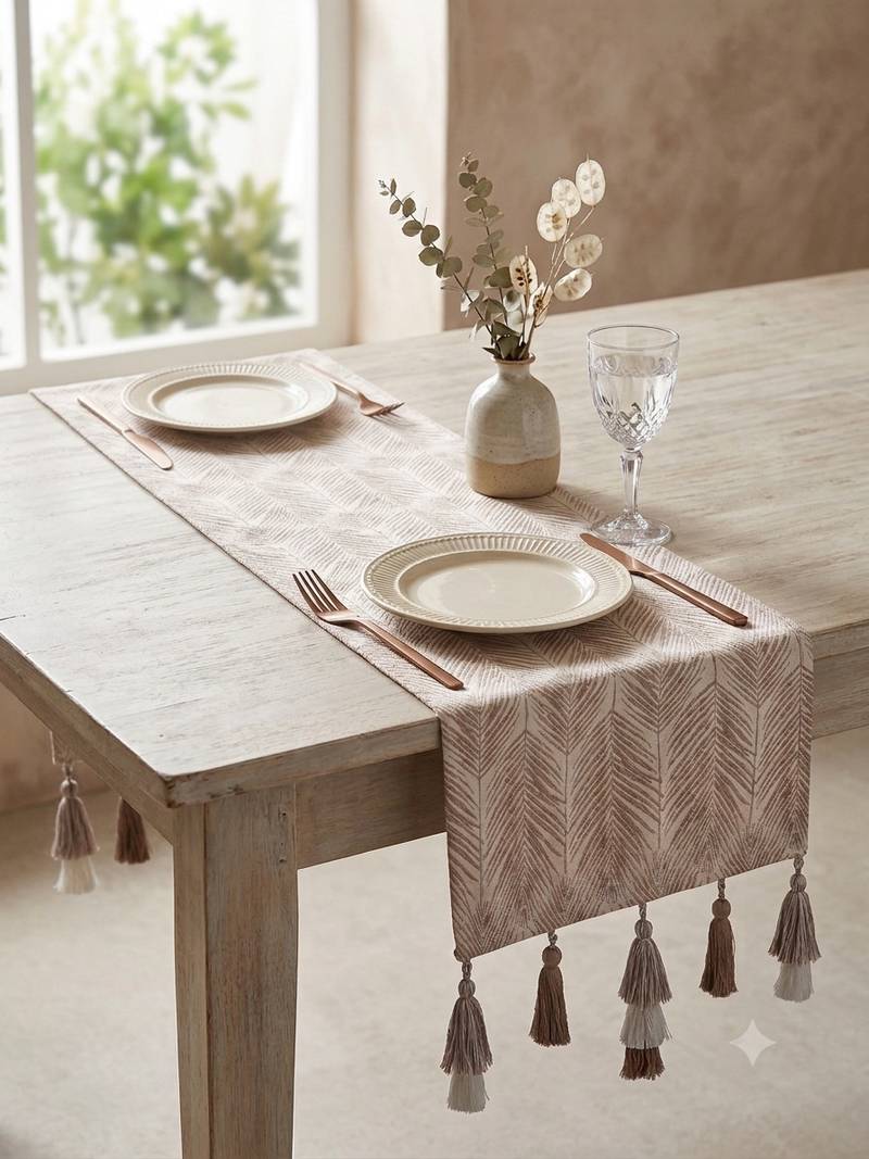  stave botanical cotton ivory table runner   (6 seater)   
