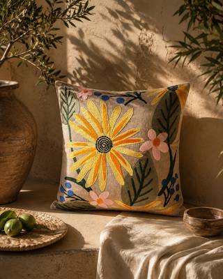  beige botanical embroidered cotton cushion cover (16"x16") 1
