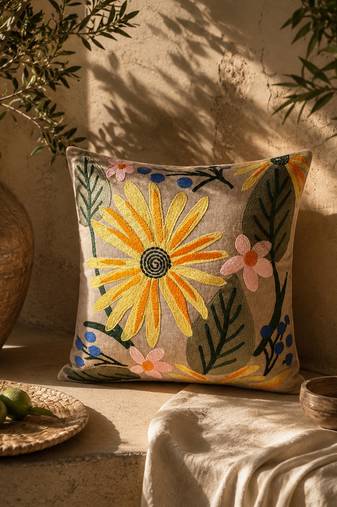  beige botanical embroidered cotton cushion cover (16"x16")