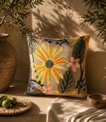  beige botanical embroidered cotton cushion cover (16"x16")