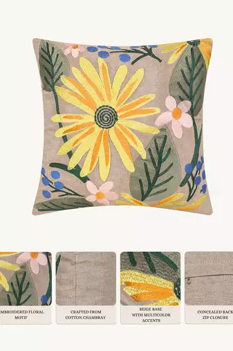  beige botanical embroidered cotton cushion cover (16"x16")