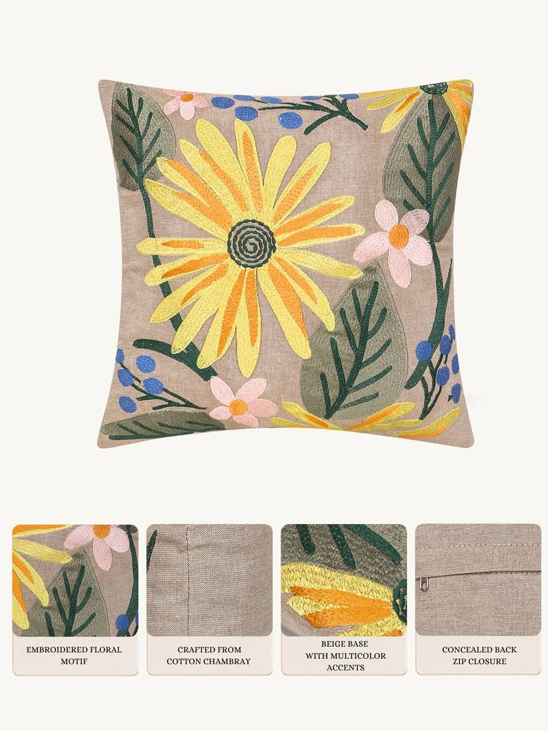 beige botanical embroidered cotton cushion cover (16"x16")