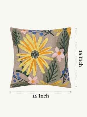  beige botanical embroidered cotton cushion cover (16"x16") 3