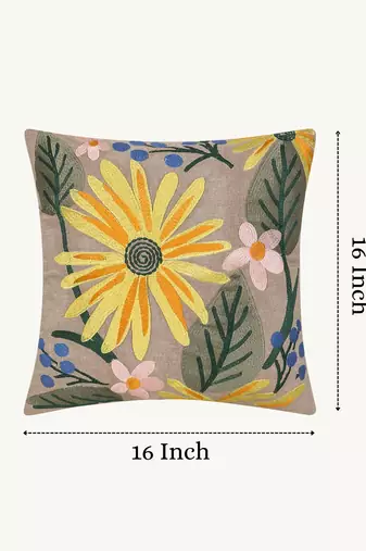  beige botanical embroidered cotton cushion cover (16"x16")