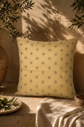  gold floral embroidered faux silk cushion cover (16"x16")