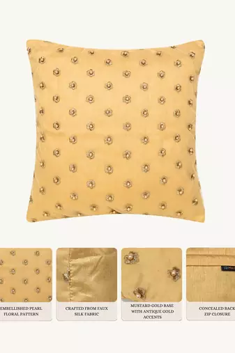  gold floral embroidered faux silk cushion cover (16"x16")