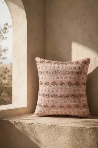  pink floral embroidered faux silk cushion cover (16"x16")
