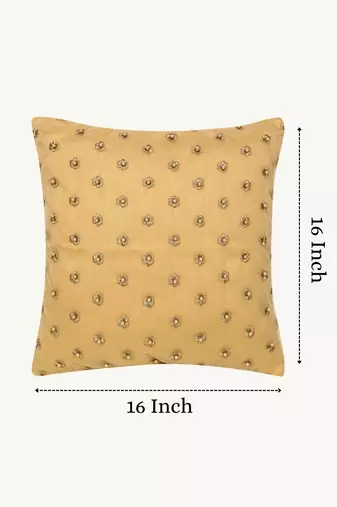  gold floral embroidered faux silk cushion cover (16"x16")