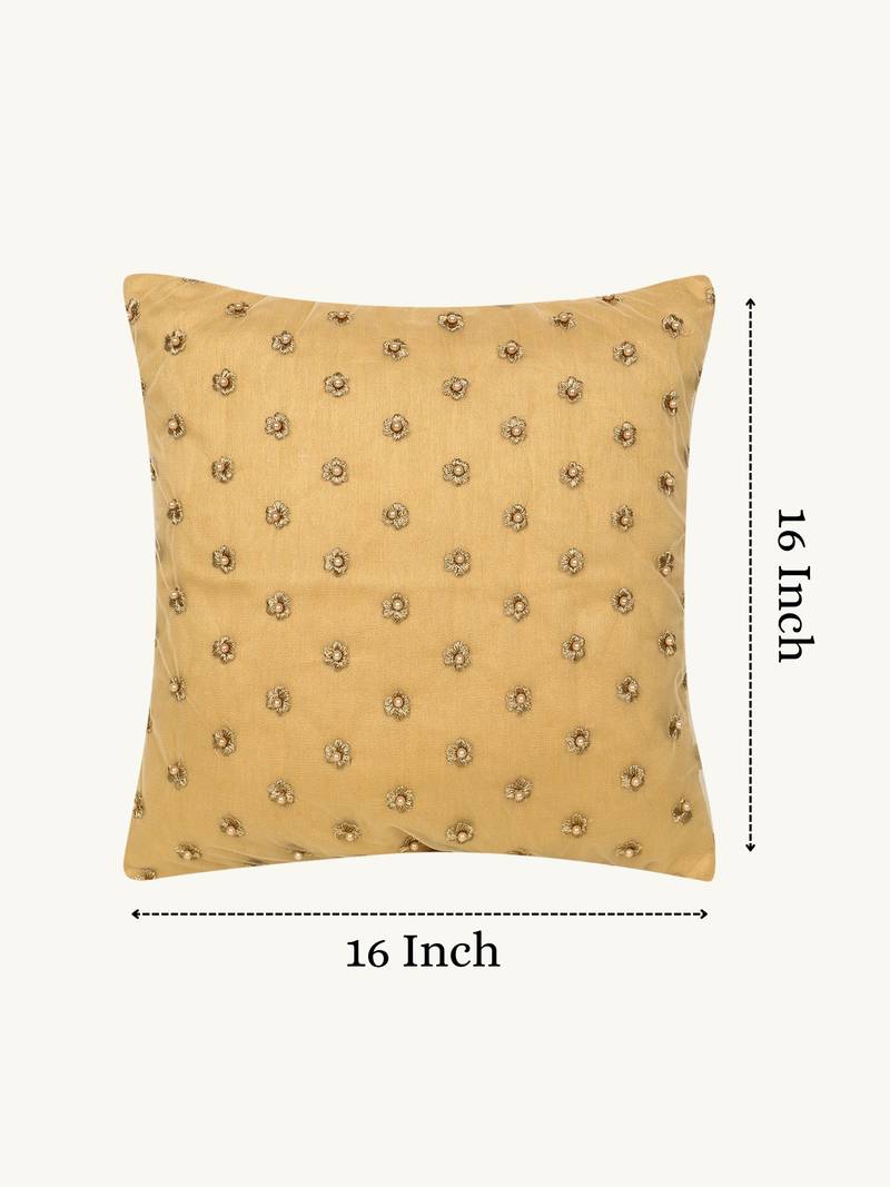  gold floral embroidered faux silk cushion cover (16"x16")