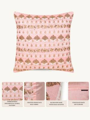  pink floral embroidered faux silk cushion cover (16"x16") 2