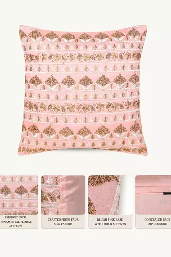  pink floral embroidered faux silk cushion cover (16"x16")