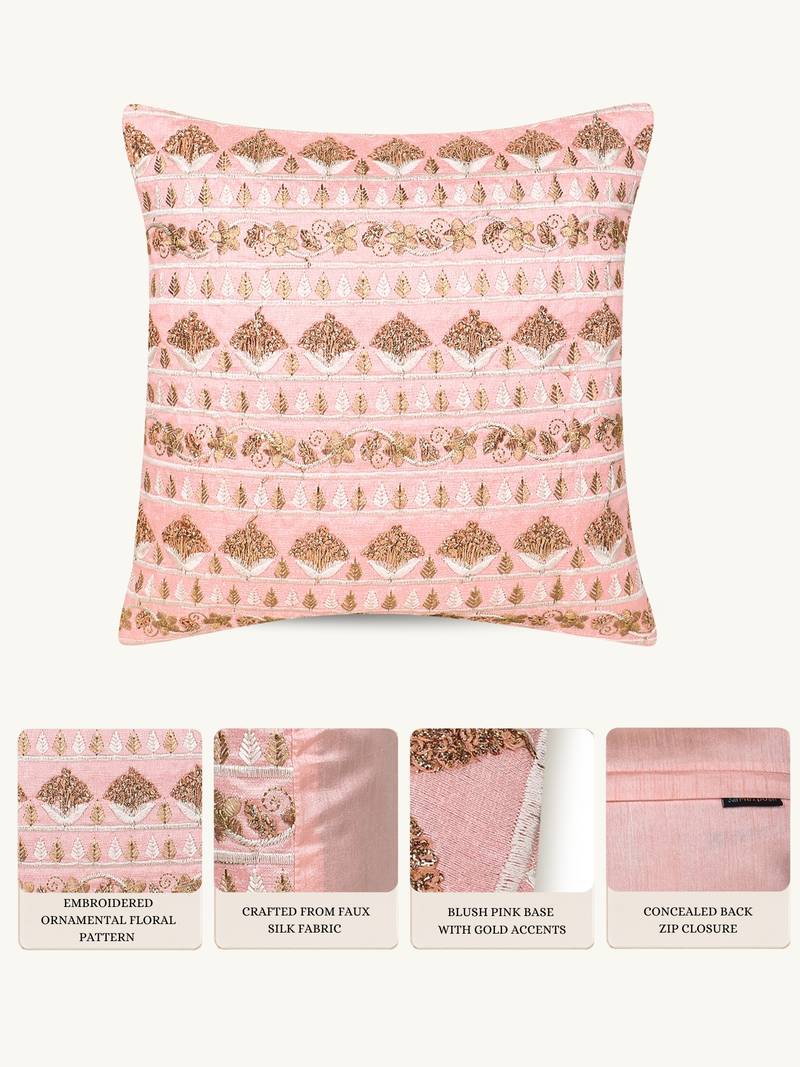  pink floral embroidered faux silk cushion cover (16"x16")