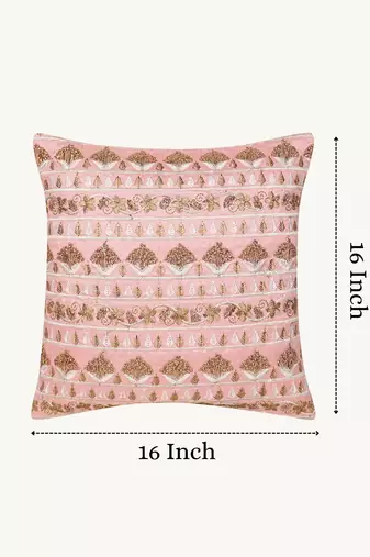  pink floral embroidered faux silk cushion cover (16"x16")