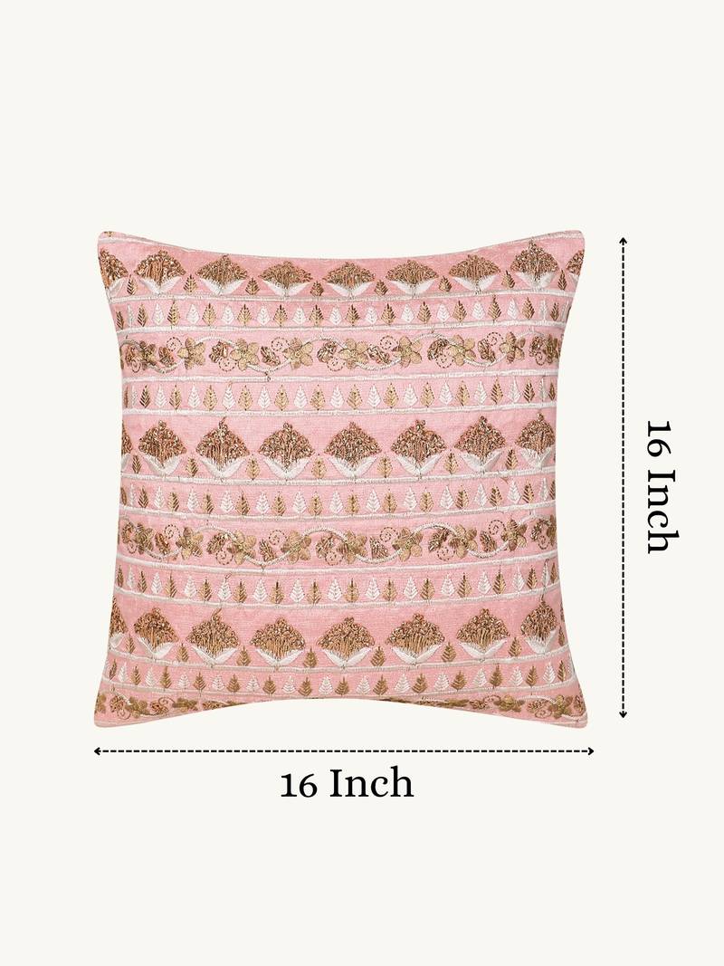  pink floral embroidered faux silk cushion cover (16"x16")