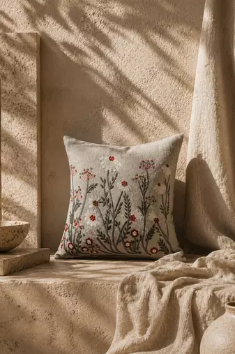  sage green floral embroidered cotton cushion cover (16"x16")