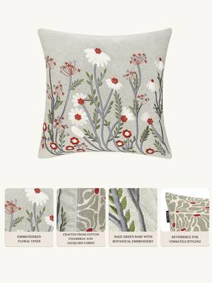  sage green floral embroidered cotton cushion cover (16"x16") 2