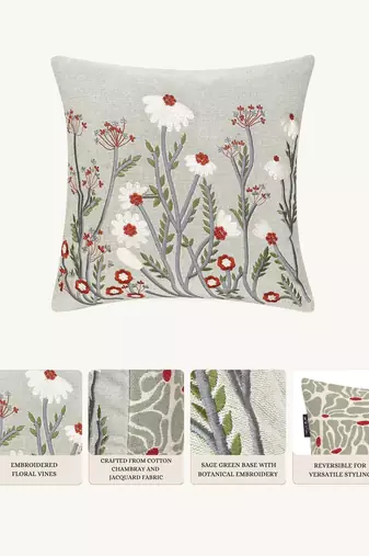  sage green floral embroidered cotton cushion cover (16"x16")