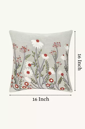  sage green floral embroidered cotton cushion cover (16"x16")