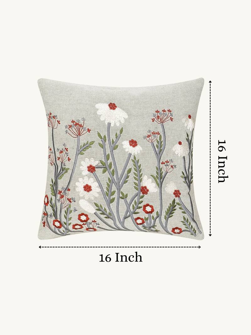  sage green floral embroidered cotton cushion cover (16"x16")
