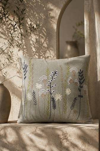  sage green floral embroidered cotton cushion cover (16"x16")