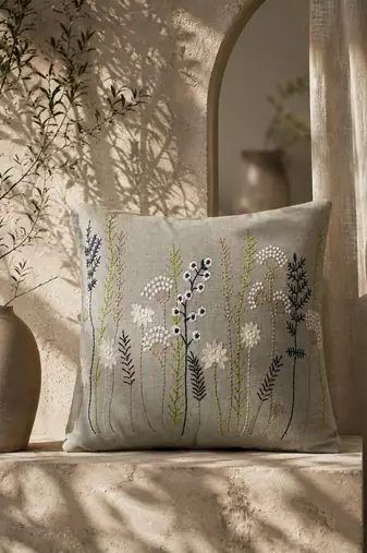  sage green floral embroidered cotton cushion cover (16"x16")