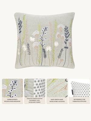  sage green floral embroidered cotton cushion cover (16"x16") 2