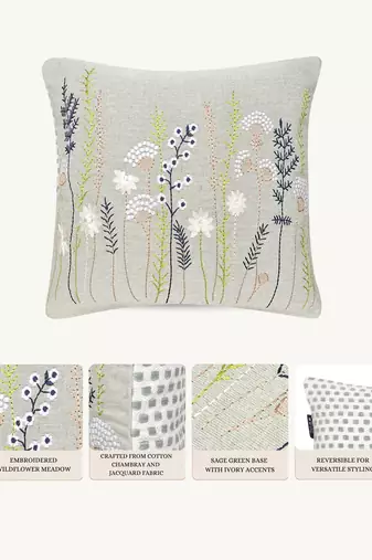  sage green floral embroidered cotton cushion cover (16"x16")