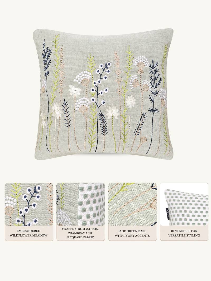  sage green floral embroidered cotton cushion cover (16"x16")