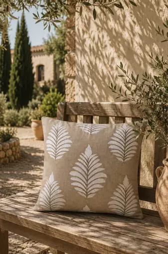  beige botanical embroidered cotton cushion cover (16"x16")