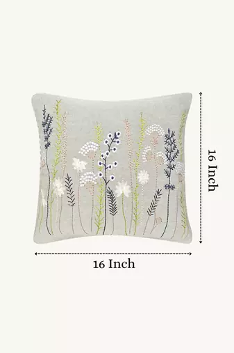  sage green floral embroidered cotton cushion cover (16"x16")