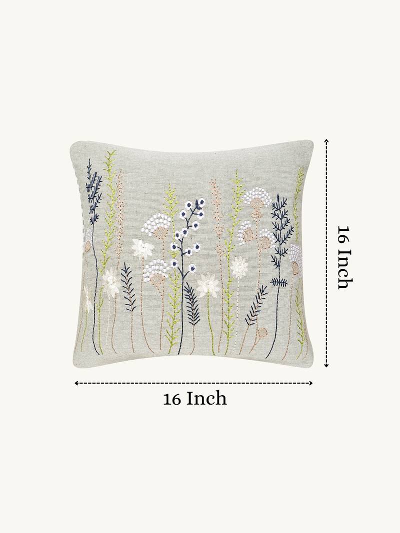  sage green floral embroidered cotton cushion cover (16"x16")
