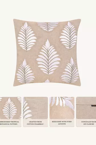  beige botanical embroidered cotton cushion cover (16"x16")
