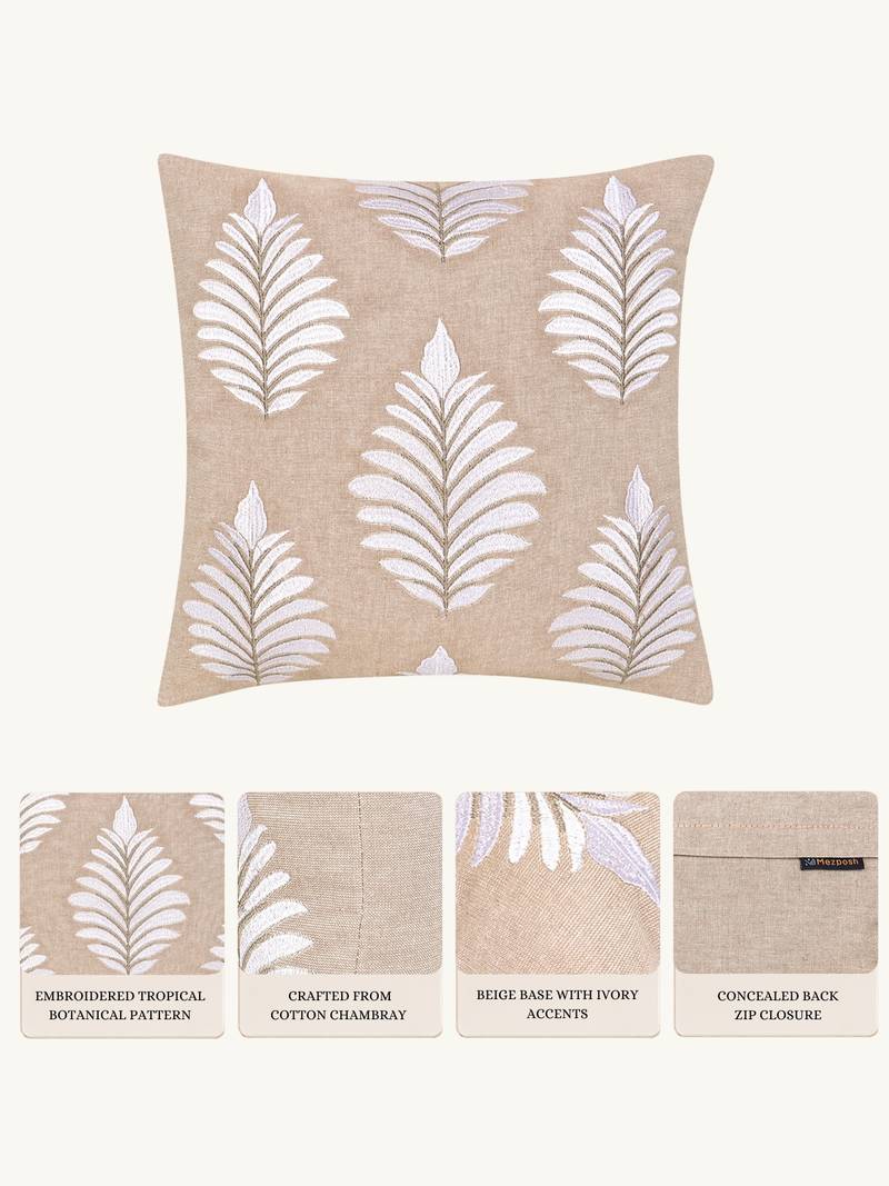  beige botanical embroidered cotton cushion cover (16"x16")