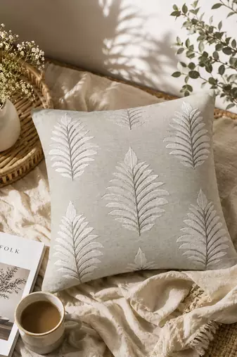  green botanical embroidered cotton cushion cover (16"x16")
