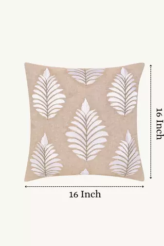  beige botanical embroidered cotton cushion cover (16"x16")