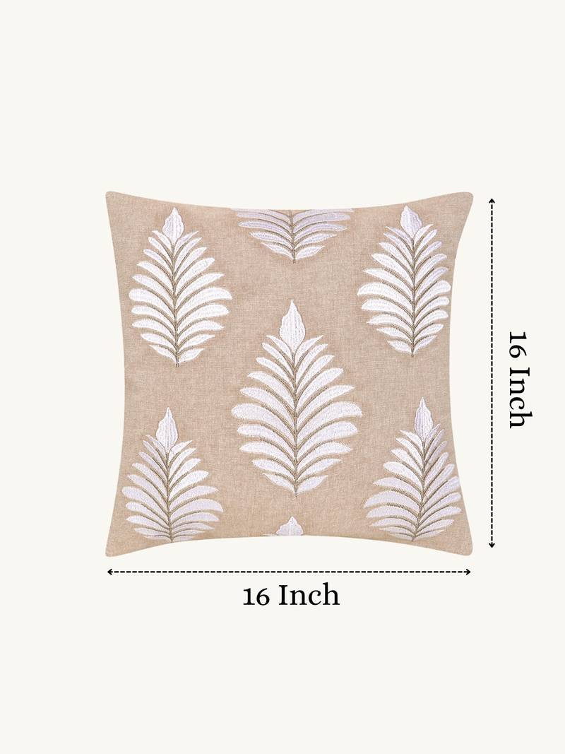  beige botanical embroidered cotton cushion cover (16"x16")