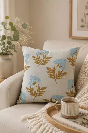  green floral embroidered cotton cushion cover (16"x16")