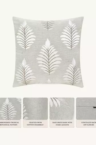  green botanical embroidered cotton cushion cover (16"x16")