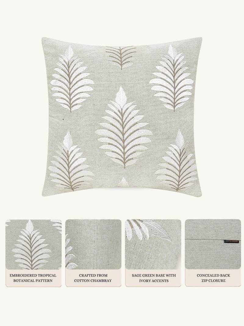  green botanical embroidered cotton cushion cover (16"x16")