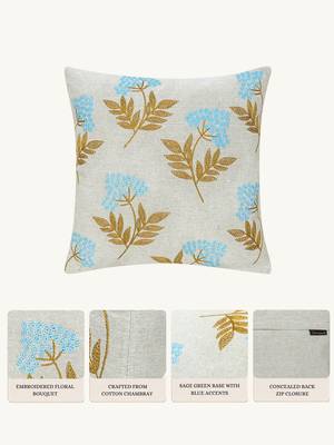  green floral embroidered cotton cushion cover (16"x16") 2