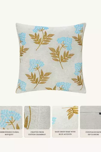  green floral embroidered cotton cushion cover (16"x16")